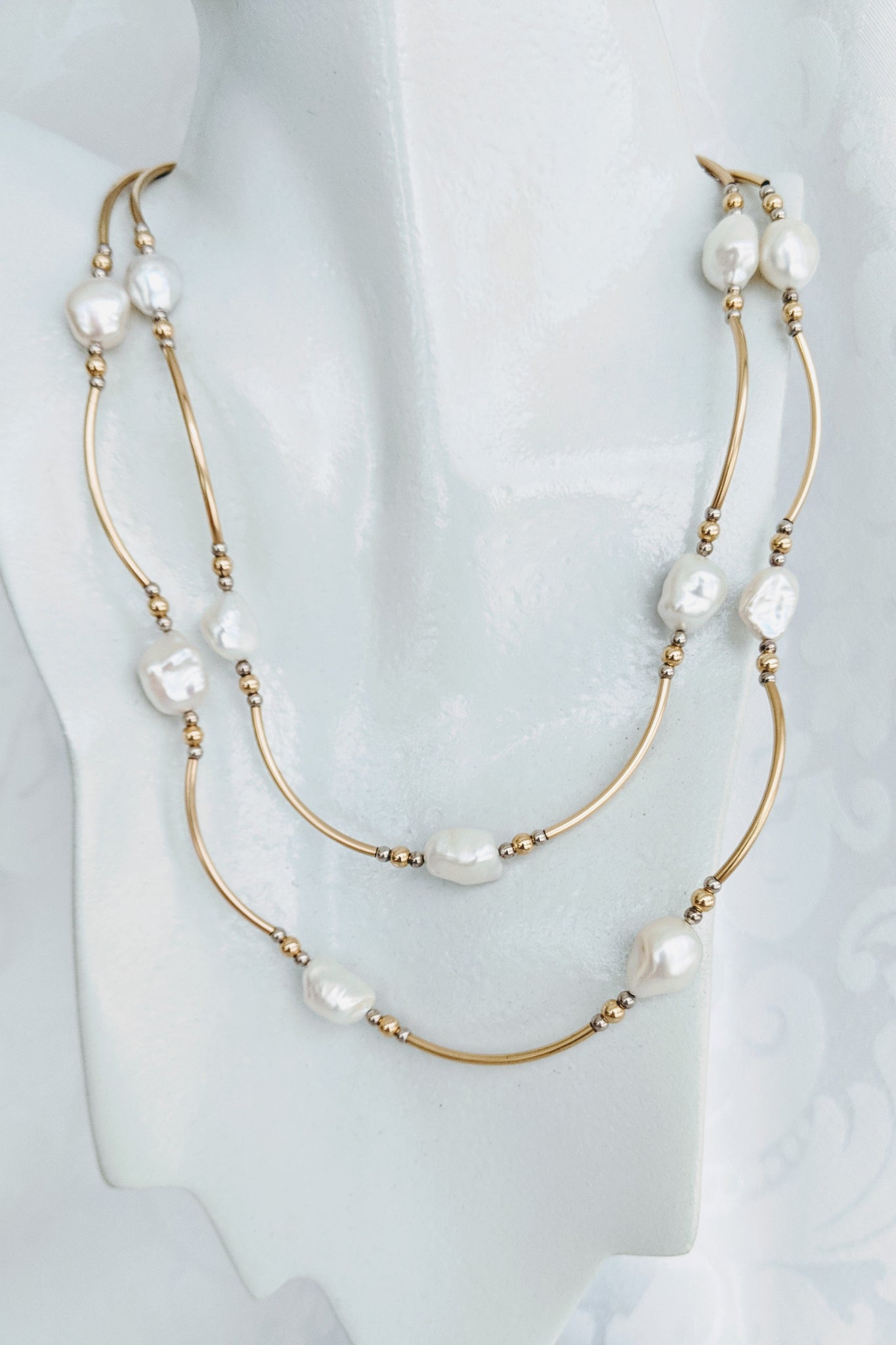 Long Keshi pearl and 14k gf tube necklace